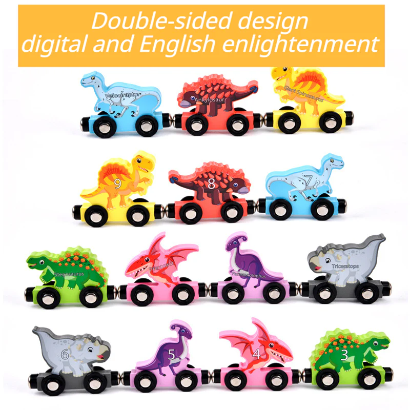 Magnetische Dinosaur Houten Trein | Dubbelzijdige Educatieve Speelset voor Kinderen met Engelse Nummers & Kleuren - Leeftijd 1, 2, 3 Jaar - Afbeelding 4